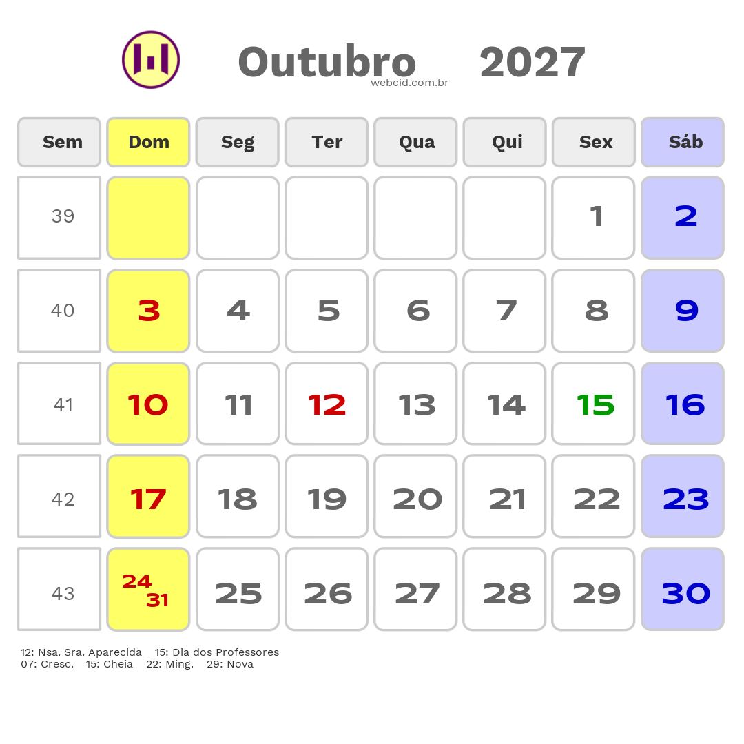 Calendário 2027 - Outubro - Jaboatão dos Guararapes-PE com feriados e fases da lua