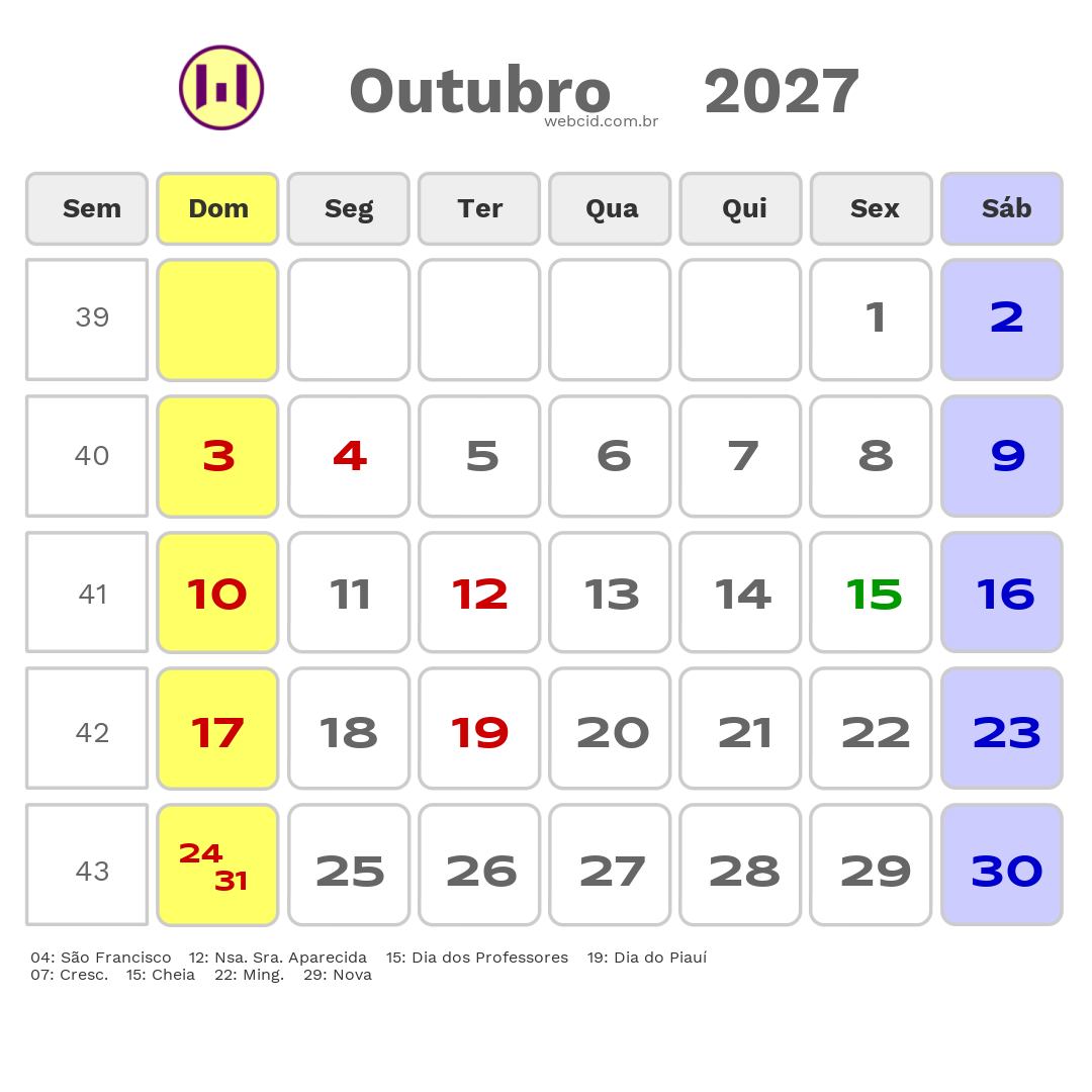 Calendário 2027 - Outubro - Parnaíba-PI com feriados e fases da lua
