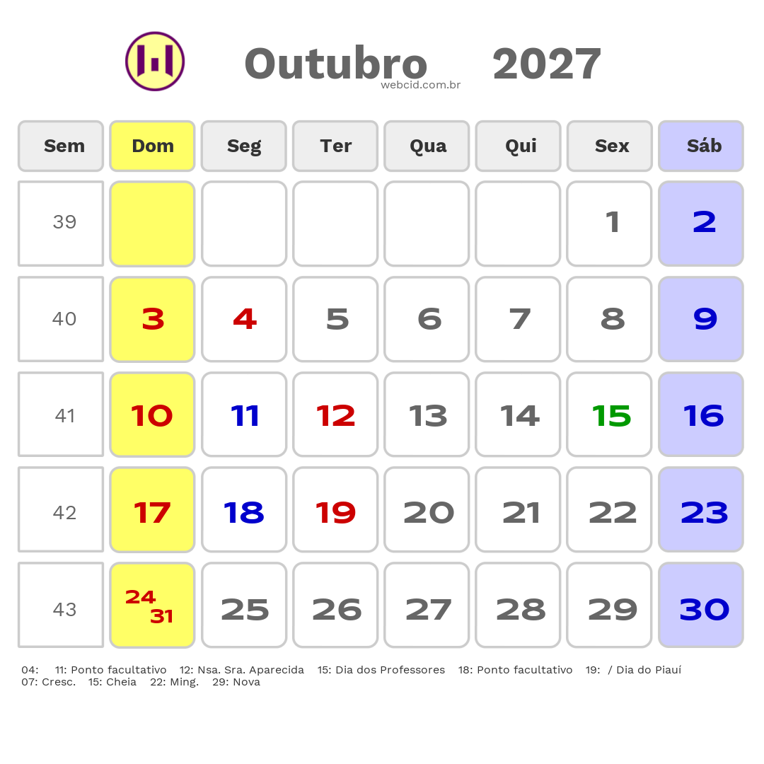 Calendário 2027 - Outubro - Picos-PI com feriados e fases da lua