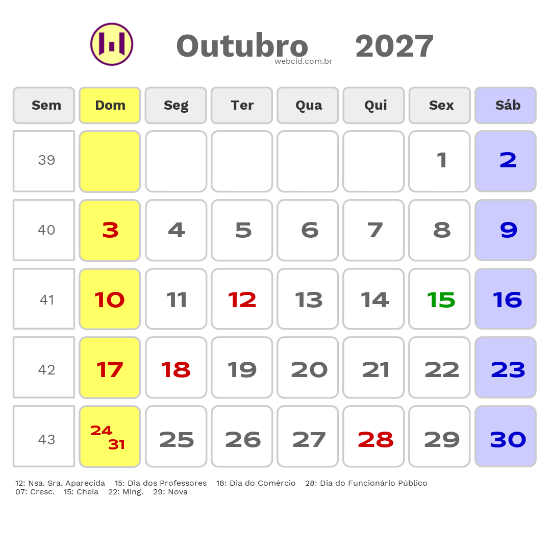 Calendário 2027 - Outubro - São Gonçalo-RJ com feriados e fases da lua