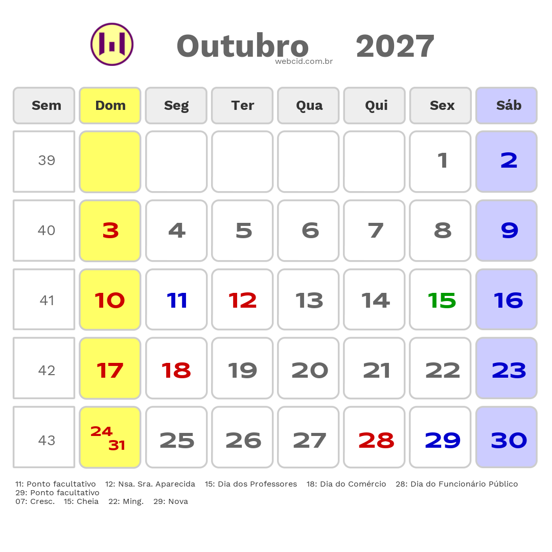 Calendário 2027 - Outubro - São João da Barra-RJ com feriados e fases da lua