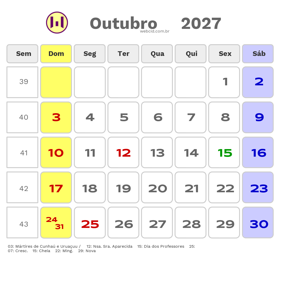 Calendário 2027 - Outubro - Carnauba dos Dantas-RN com feriados e fases da lua