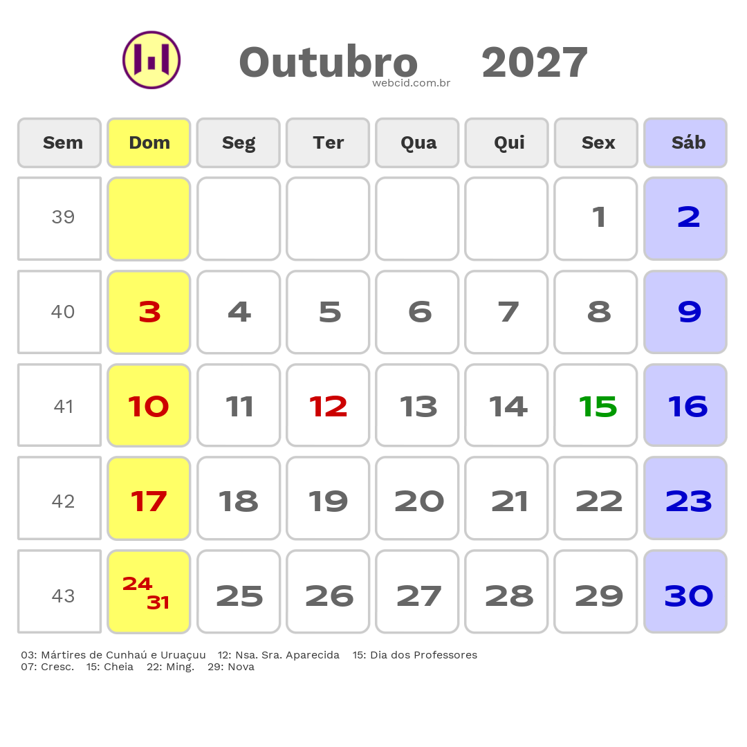 Calendário 2027 - Outubro - Natal-RN com feriados e fases da lua
