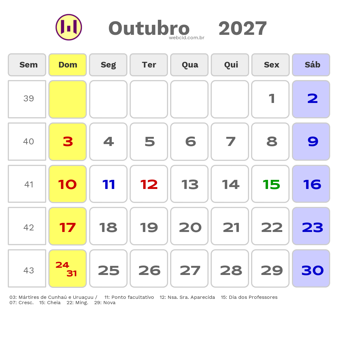 Calendário 2027 - Outubro - Santo Antonio-RN com feriados e fases da lua