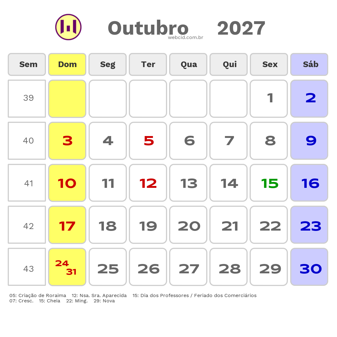 Calendário 2027 - Outubro - Boa Vista-RR com feriados e fases da lua