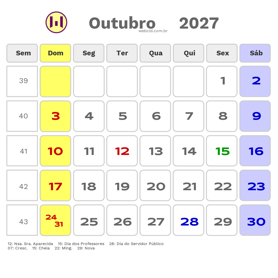 Calendário 2027 - Outubro - Guarujá-SP com feriados e fases da lua