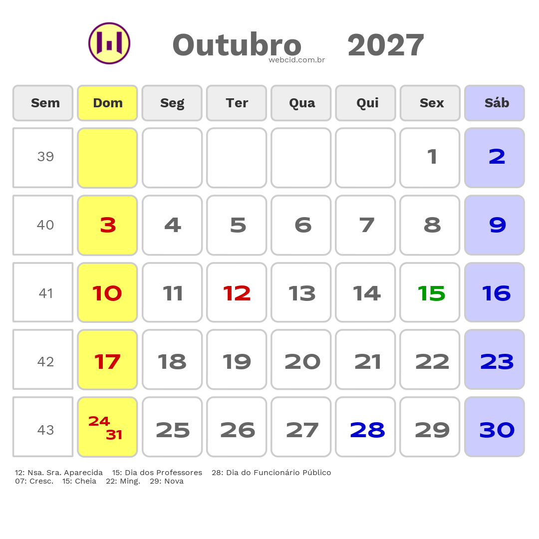 Calendário 2027 - Outubro - São José dos Campos-SP com feriados e fases da lua