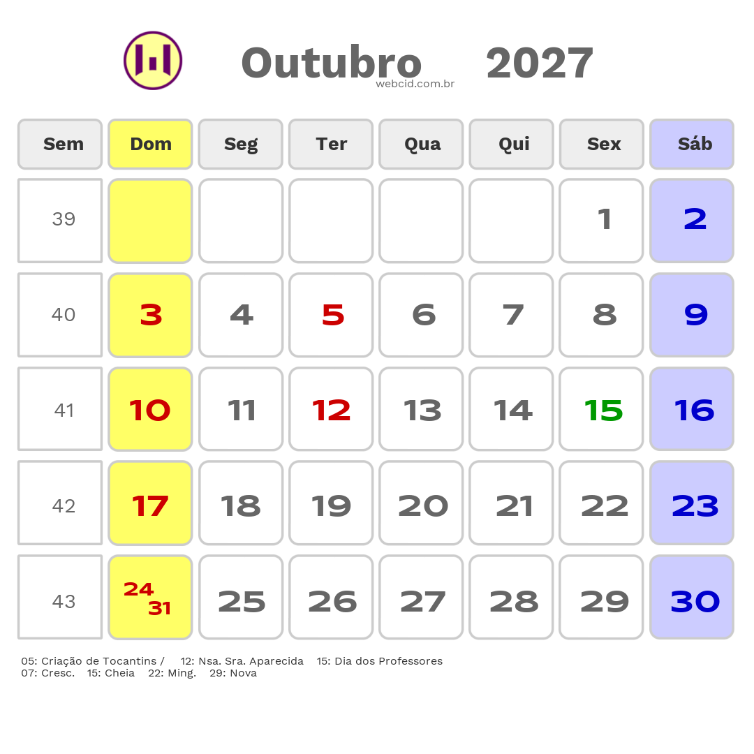 Calendário 2027 - Outubro - Alianca do Tocantins-TO com feriados e fases da lua