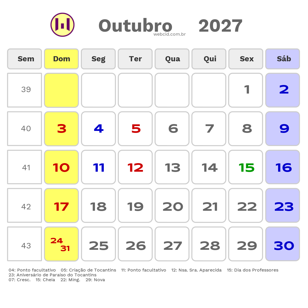 Calendário 2027 - Outubro - Paraíso do Tocantins-TO com feriados e fases da lua