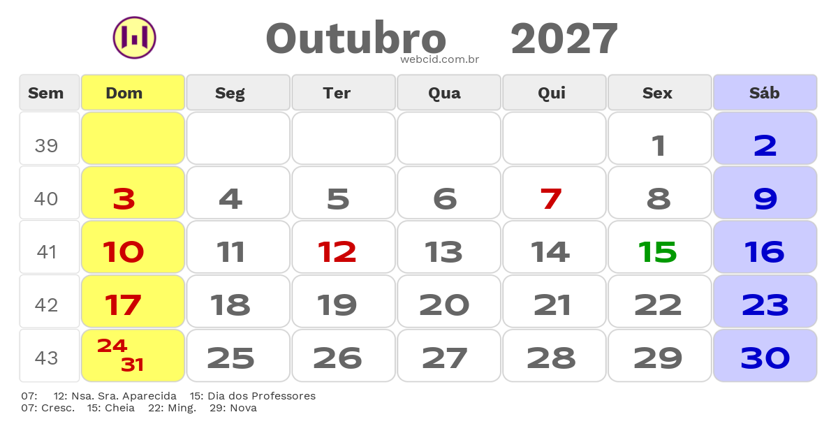 Calendário 2027 - Outubro - Penedo-AL com feriados e fases da lua