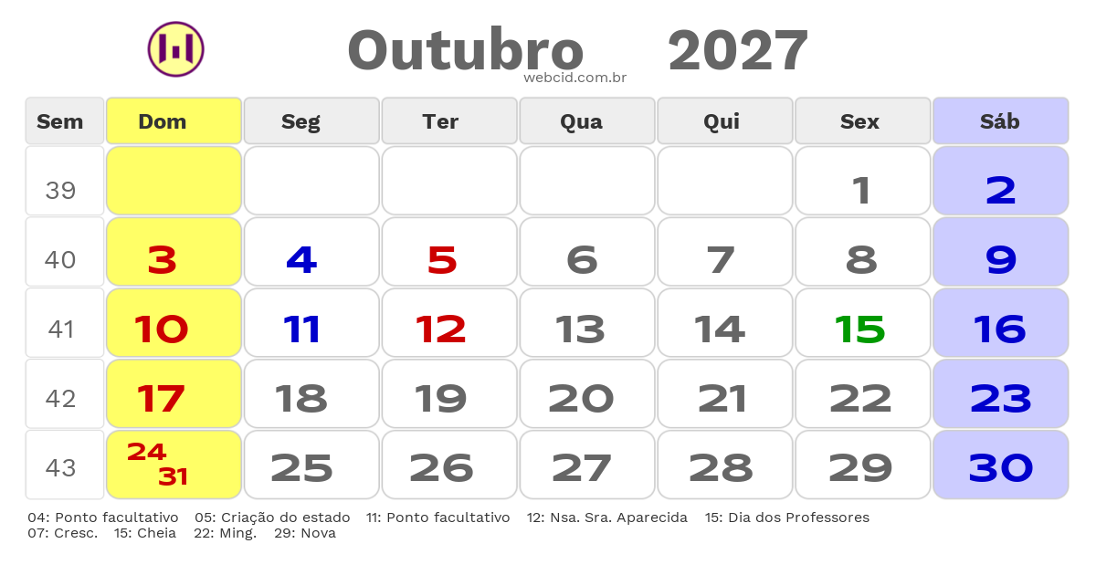 Calendário 2027 - Outubro - Macapá-AP com feriados e fases da lua