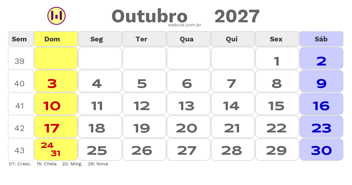 Calendário 2027 - Outubro - Angola com feriados e fases da lua