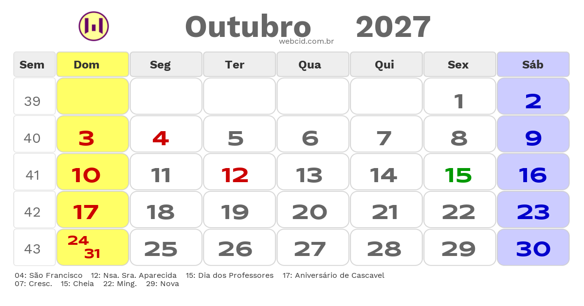 Calendário 2027 - Outubro - Cascavel-CE com feriados e fases da lua