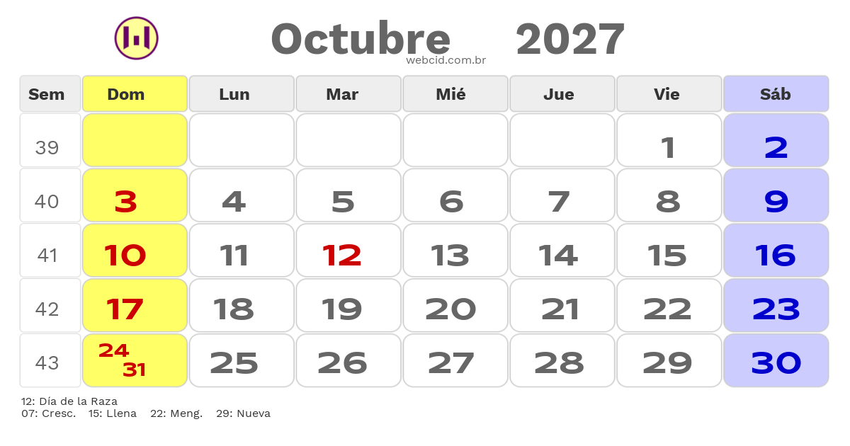 Calendario 2027 - Octubre - Colômbia com feriados e fases da lua