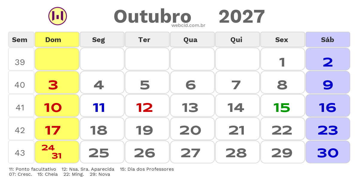 Calendário 2027 - Outubro - Brasília-DF com feriados e fases da lua