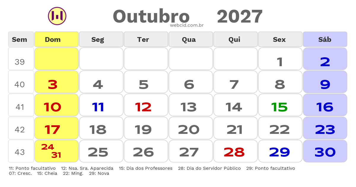 Calendário 2027 - Outubro - São Mateus-ES com feriados e fases da lua