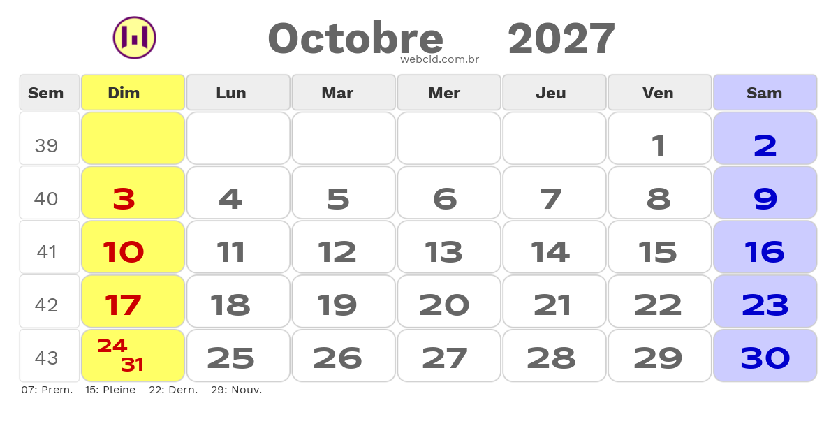 Calendrier 2027 - Octobre - La France com feriados e fases da lua