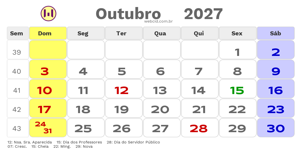 Calendário 2027 - Outubro - Aparecida de Goiânia-GO com feriados e fases da lua