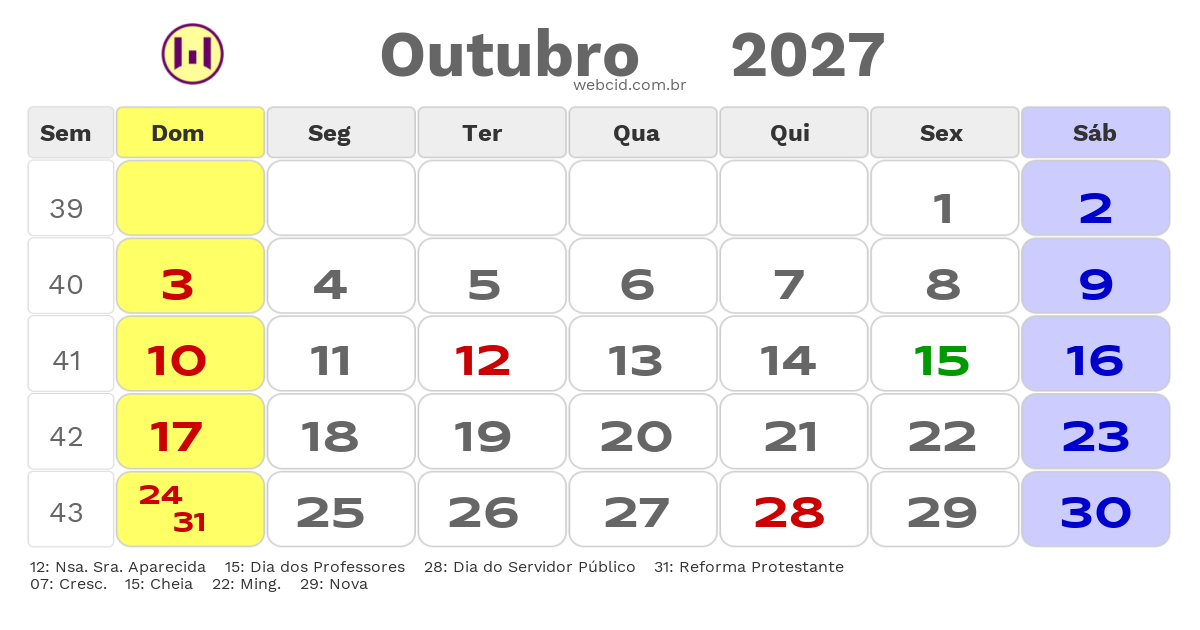 Calendário 2027 - Outubro - Cristalina-GO com feriados e fases da lua