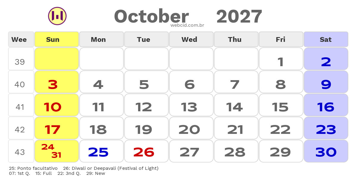 Calendar 2027 - October - Guyana com feriados e fases da lua