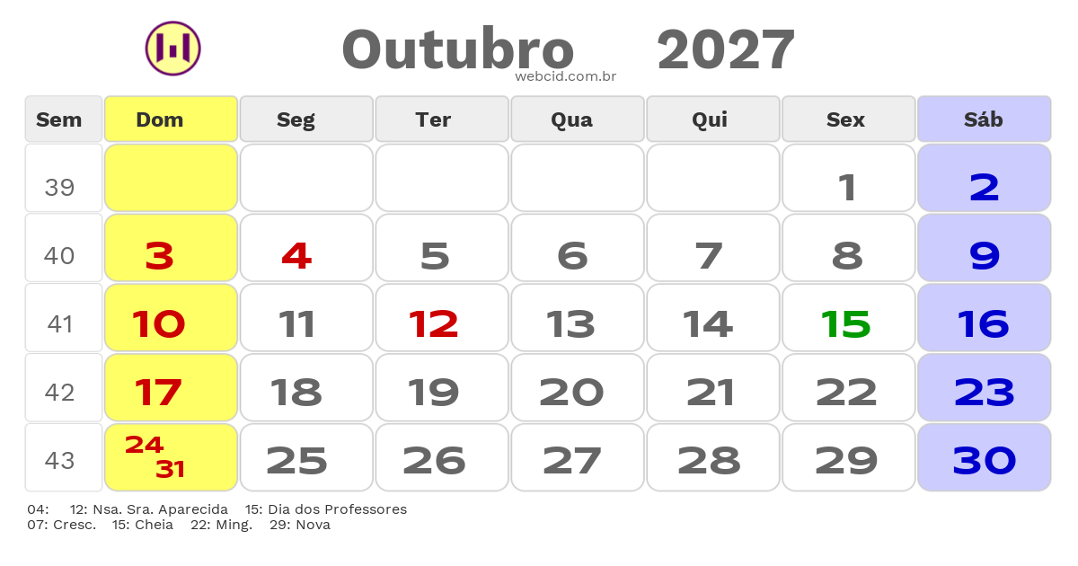 Calendário 2027 - Outubro - Ze Doca-MA com feriados e fases da lua