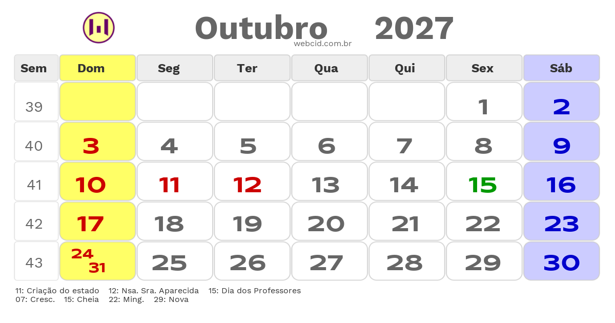 Calendário 2027 - Outubro - Dourados-MS com feriados e fases da lua