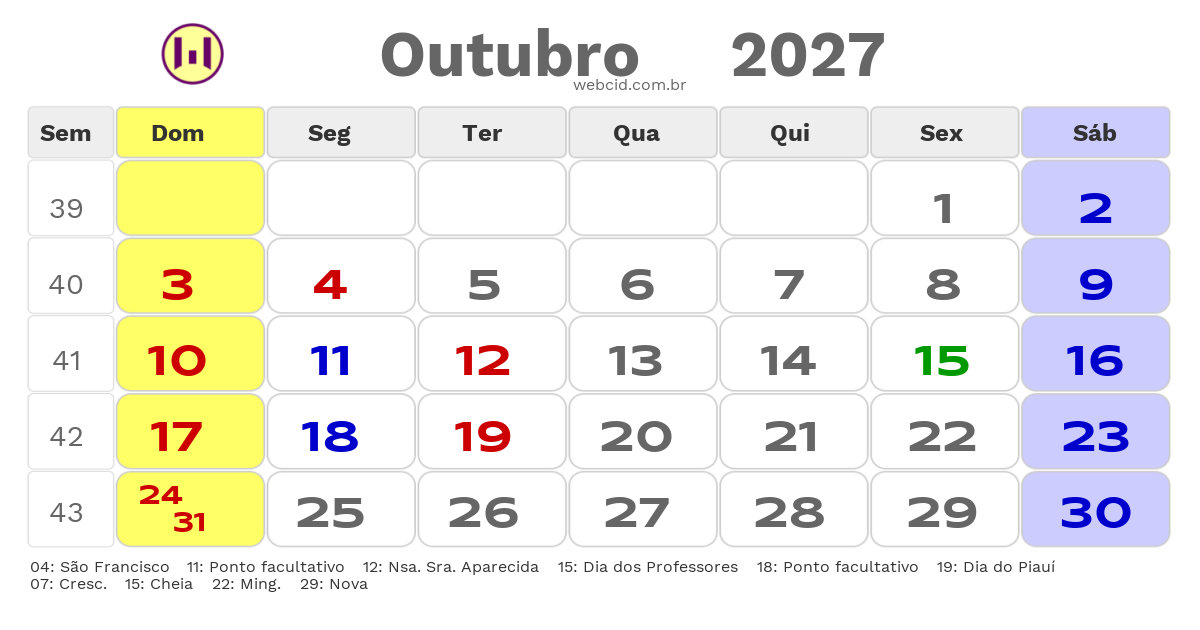Calendário 2027 - Outubro - Paranaíba-MS com feriados e fases da lua