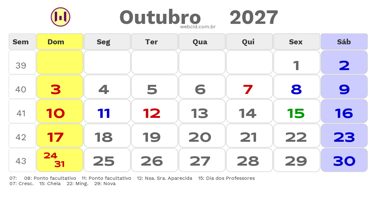 Calendário 2027 - Outubro - Uba-MG com feriados e fases da lua