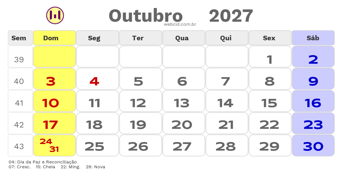 Calendário 2027 - Outubro - Moçambique com feriados e fases da lua