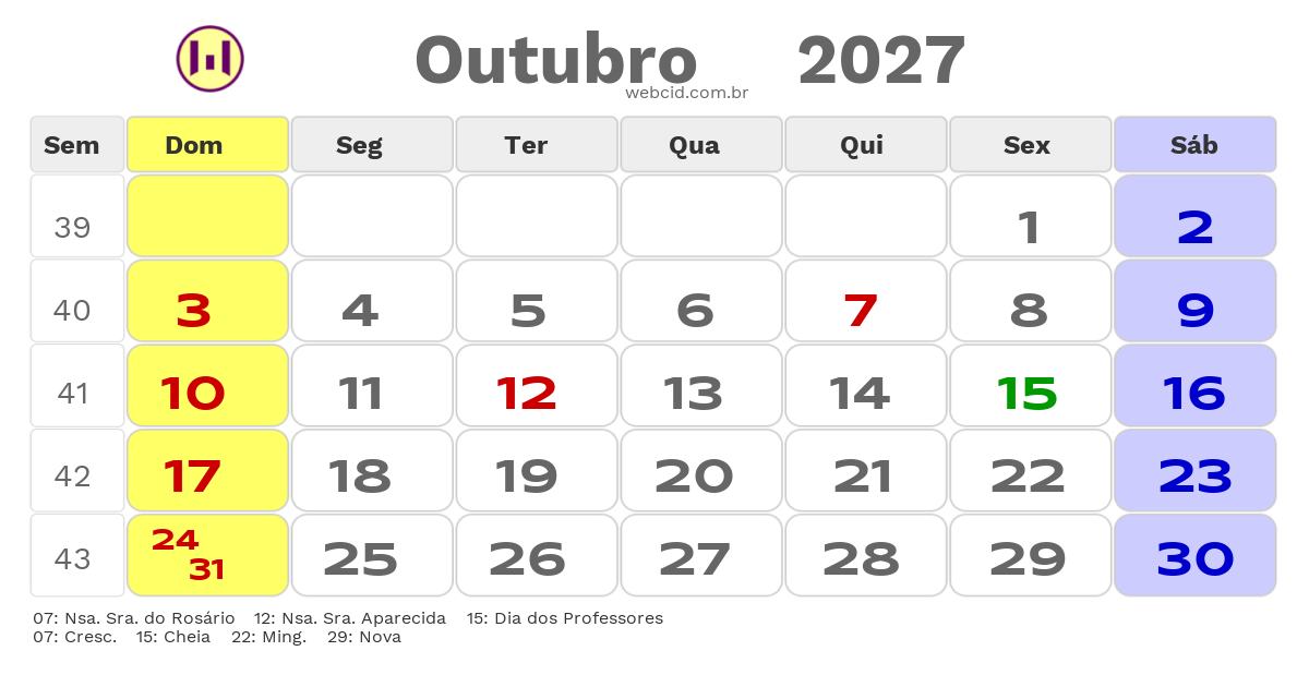 Calendário 2027 - Outubro - Bragança-PA com feriados e fases da lua