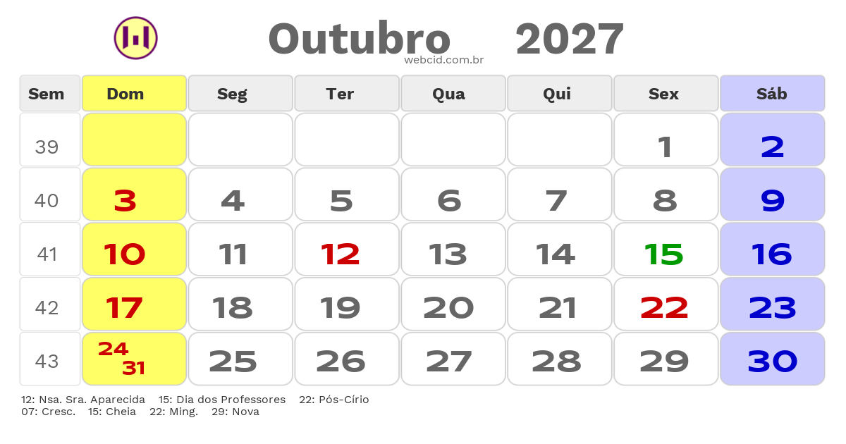 Calendário 2027 - Outubro - Castanhal-PA com feriados e fases da lua