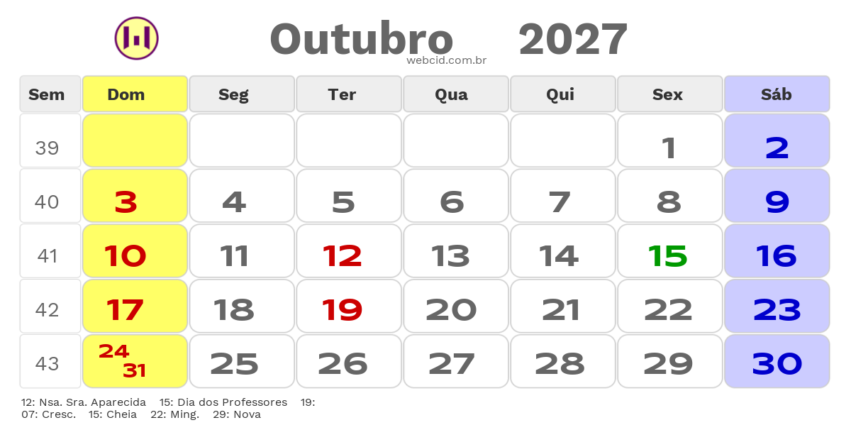 Calendário 2027 - Outubro - Jacarau-PB com feriados e fases da lua