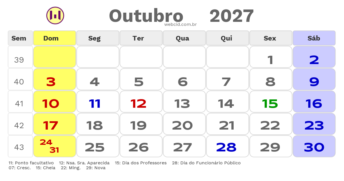 Calendário 2027 - Outubro - Curitiba-PR com feriados e fases da lua