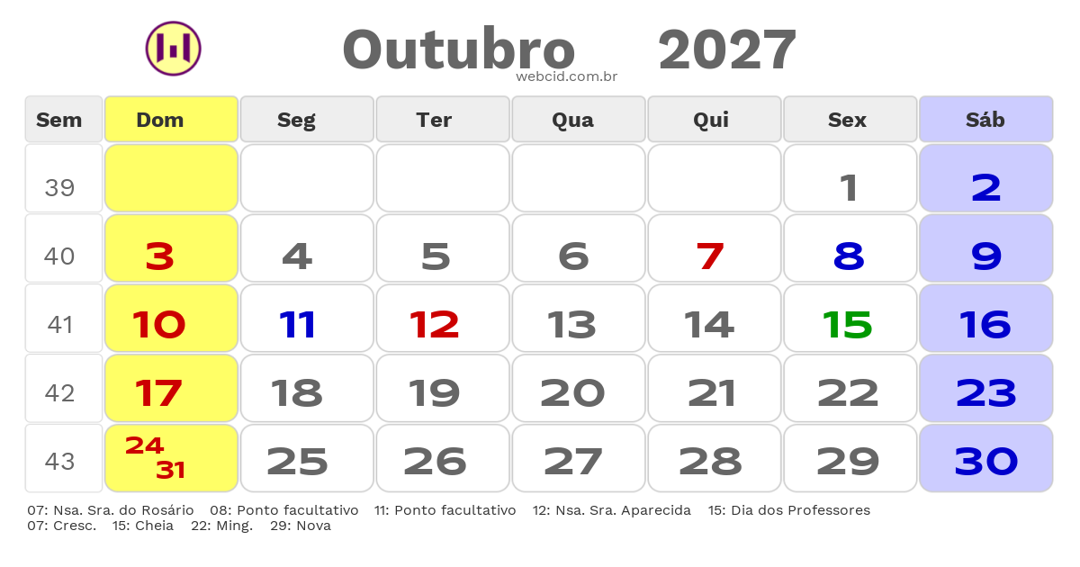 Calendário 2027 - Outubro - Paranaguá-PR com feriados e fases da lua