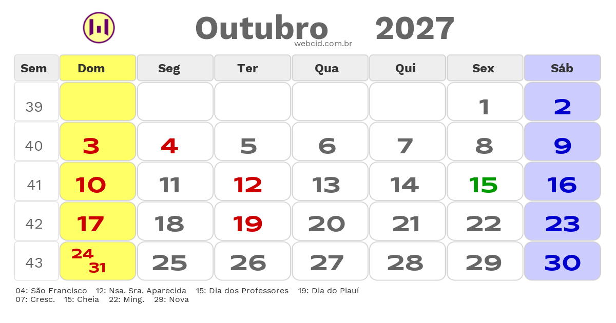 Calendário 2027 - Outubro - Parnaíba-PI com feriados e fases da lua