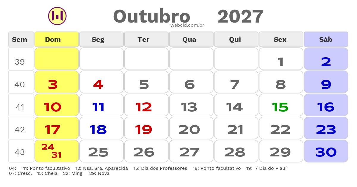 Calendário 2027 - Outubro - Picos-PI com feriados e fases da lua