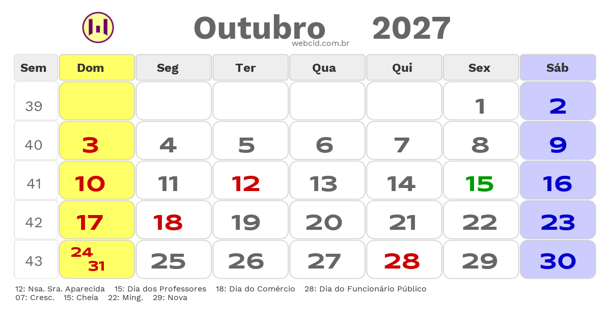 Calendário 2027 - Outubro - Angra dos Reis-RJ com feriados e fases da lua