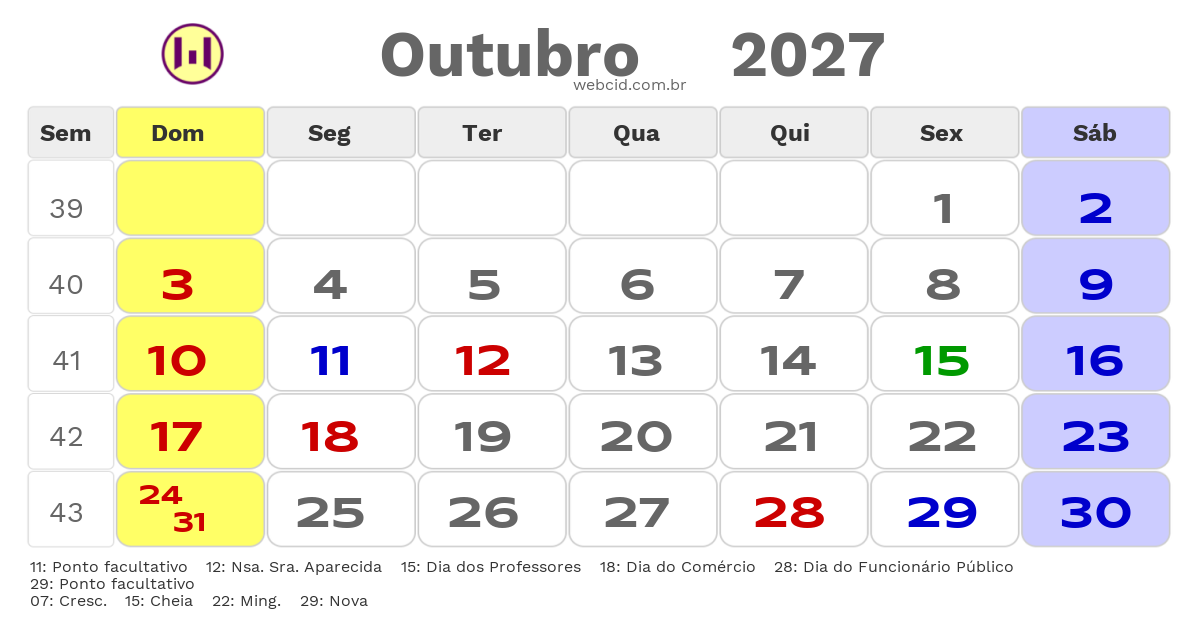 Calendário 2027 - Outubro - Resende-RJ com feriados e fases da lua