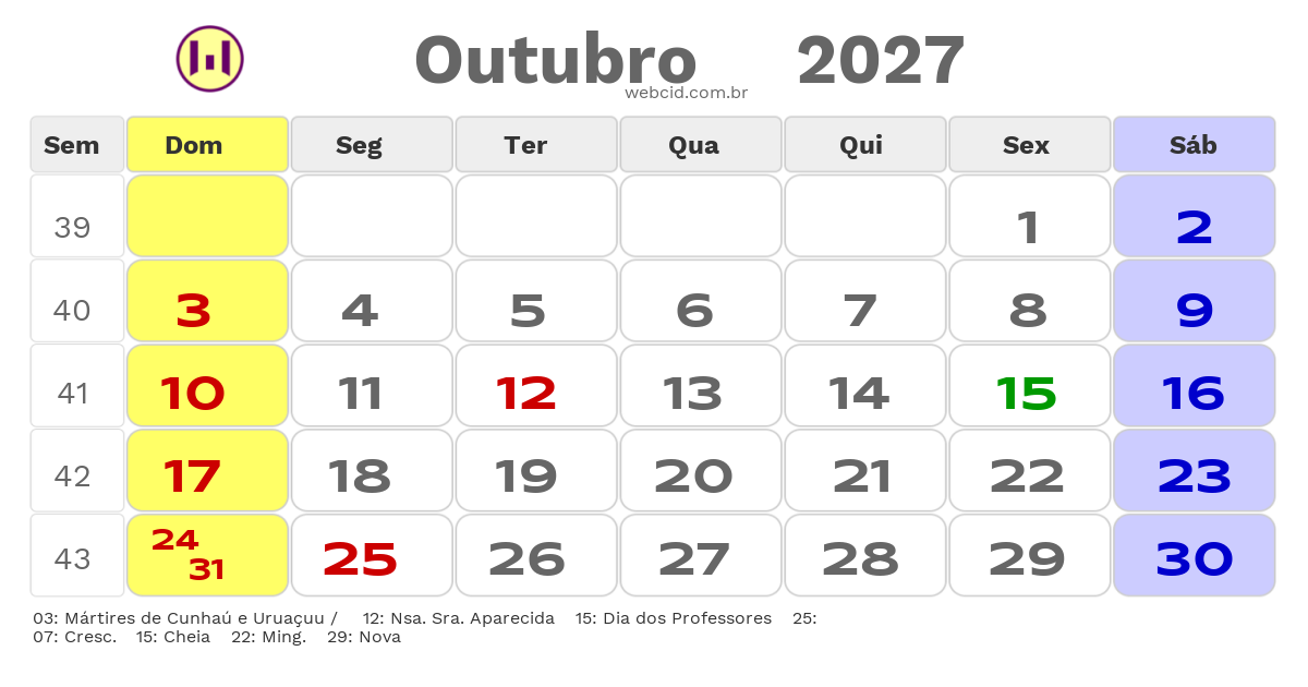 Calendário 2027 - Outubro - Carnauba dos Dantas-RN com feriados e fases da lua