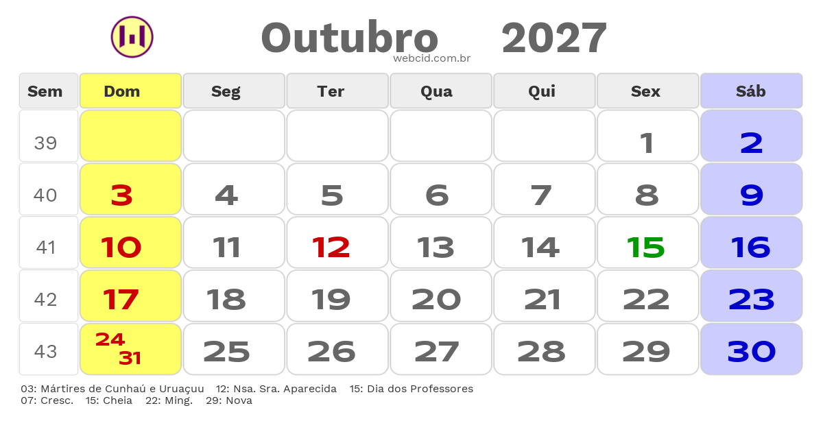 Calendário 2027 - Outubro - Natal-RN com feriados e fases da lua
