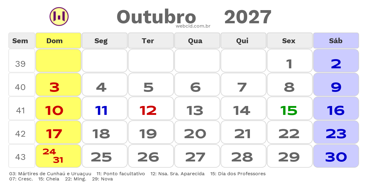 Calendário 2027 - Outubro - Rio Grande do Norte com feriados e fases da lua