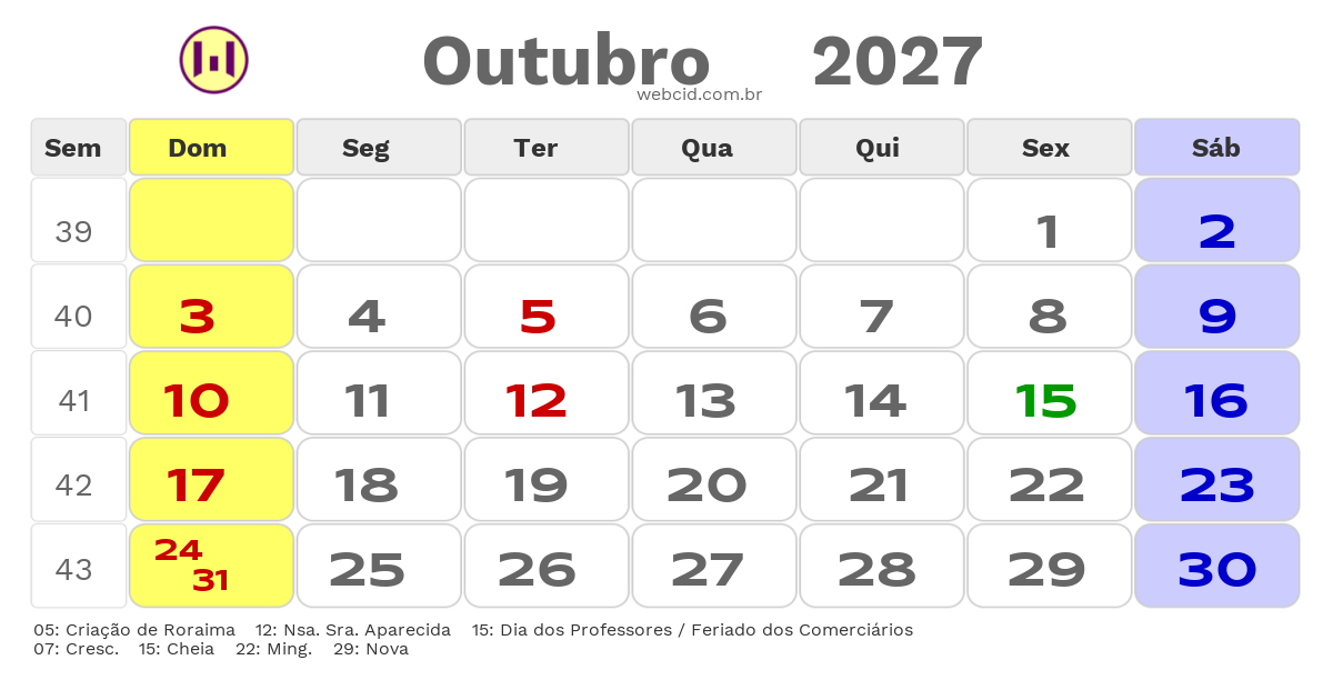Calendário 2027 - Outubro - Boa Vista-RR com feriados e fases da lua