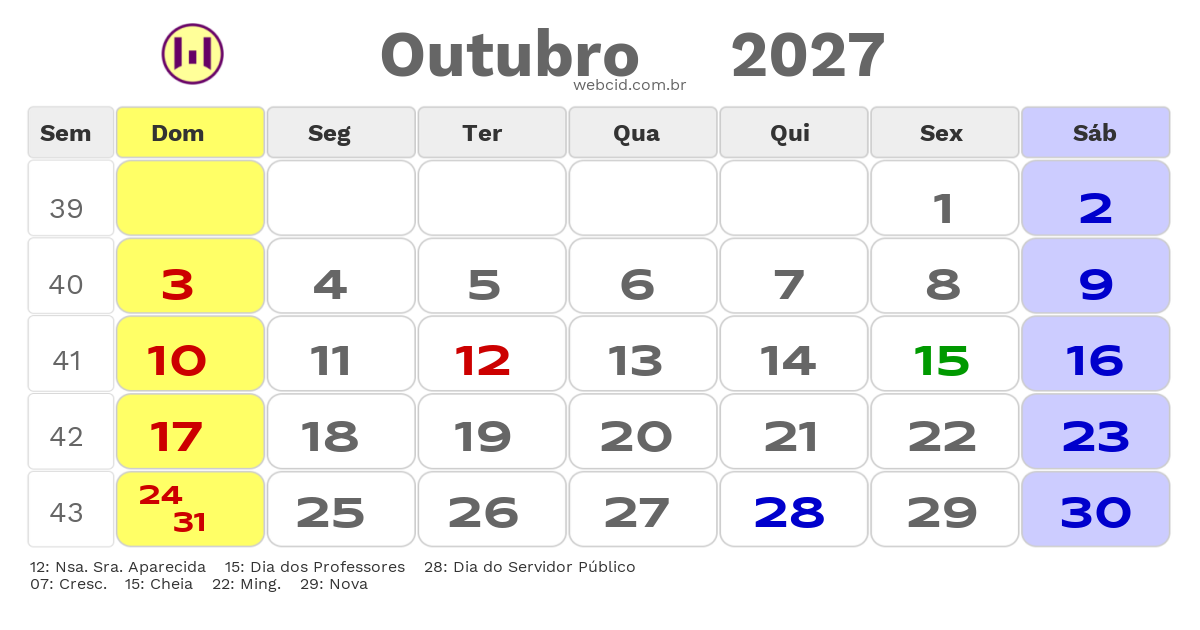 Calendário 2027 - Outubro - Guarujá-SP com feriados e fases da lua