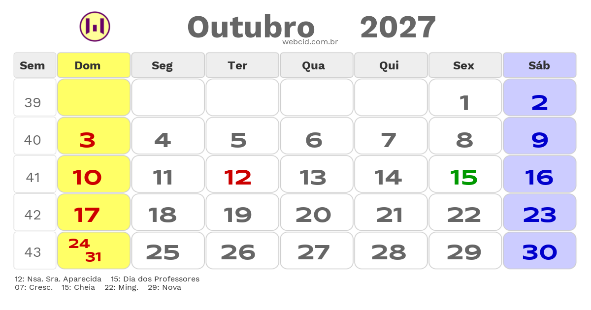 Calendário 2027 - Outubro - Lorena-SP com feriados e fases da lua