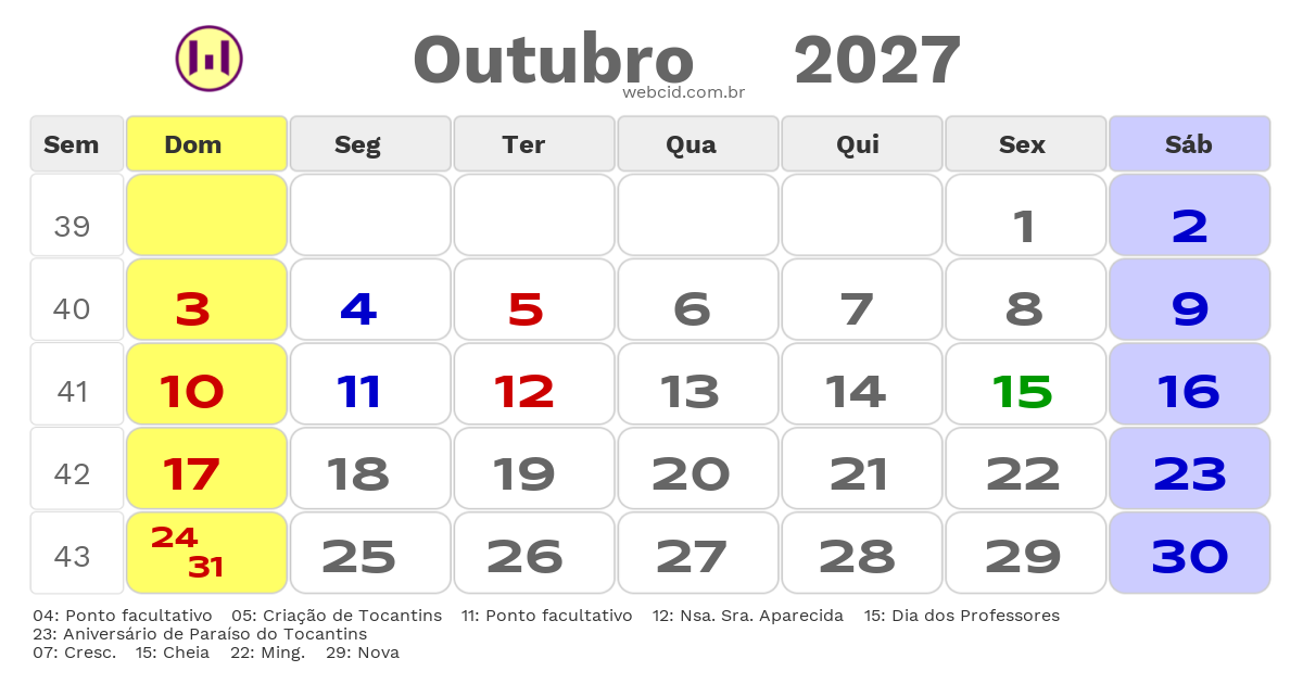 Calendário 2027 - Outubro - Paraíso do Tocantins-TO com feriados e fases da lua