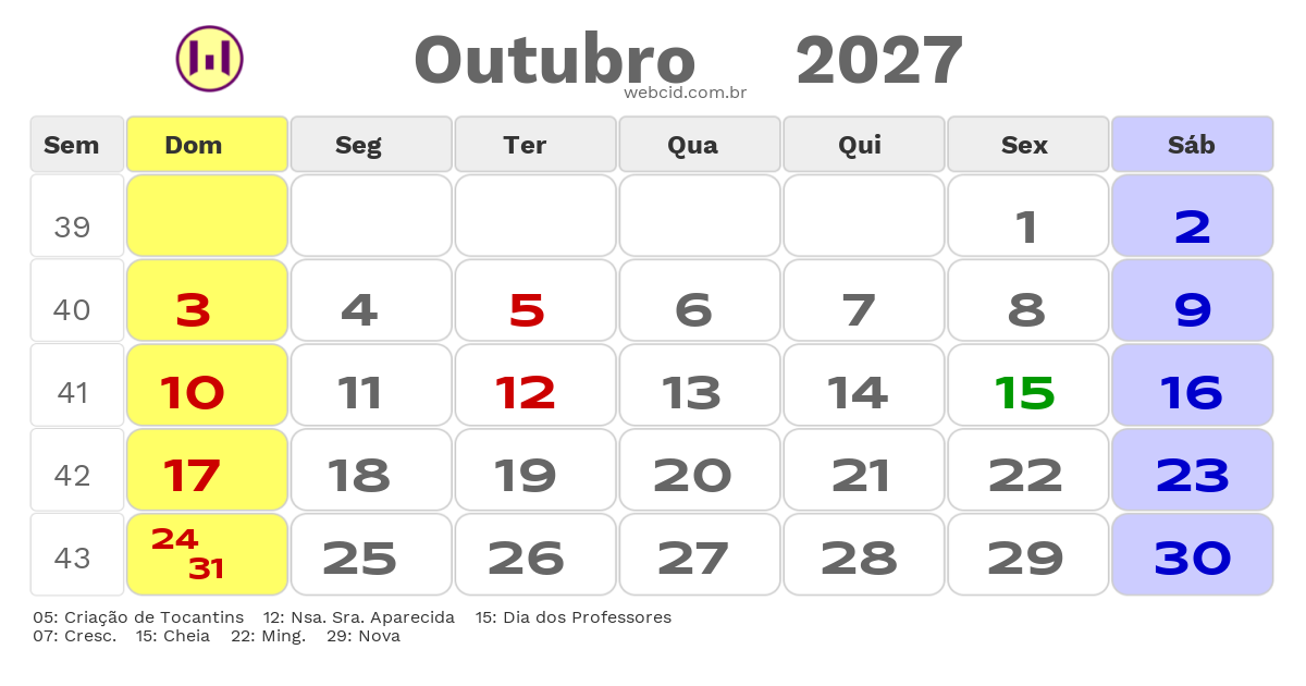 Calendário 2027 - Outubro - Porto Nacional-TO com feriados e fases da lua