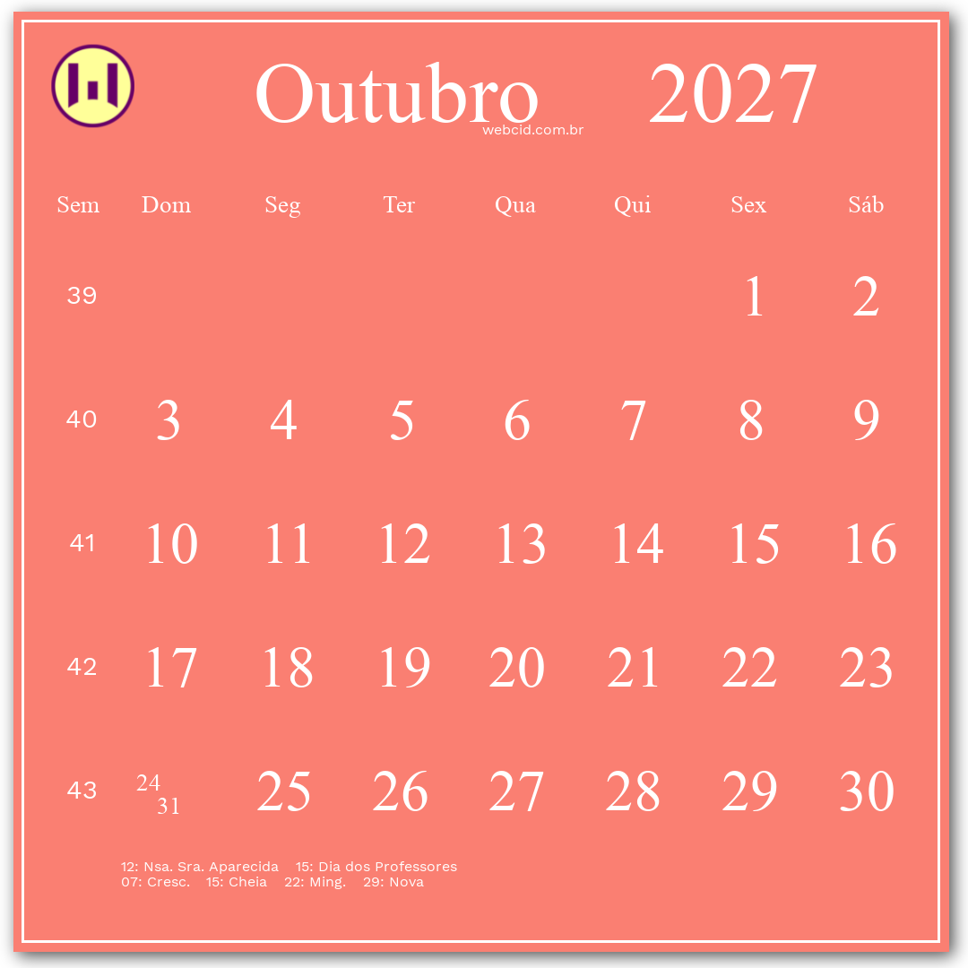 Calendário 2027 - Outubro - Brasil com feriados e fases da lua