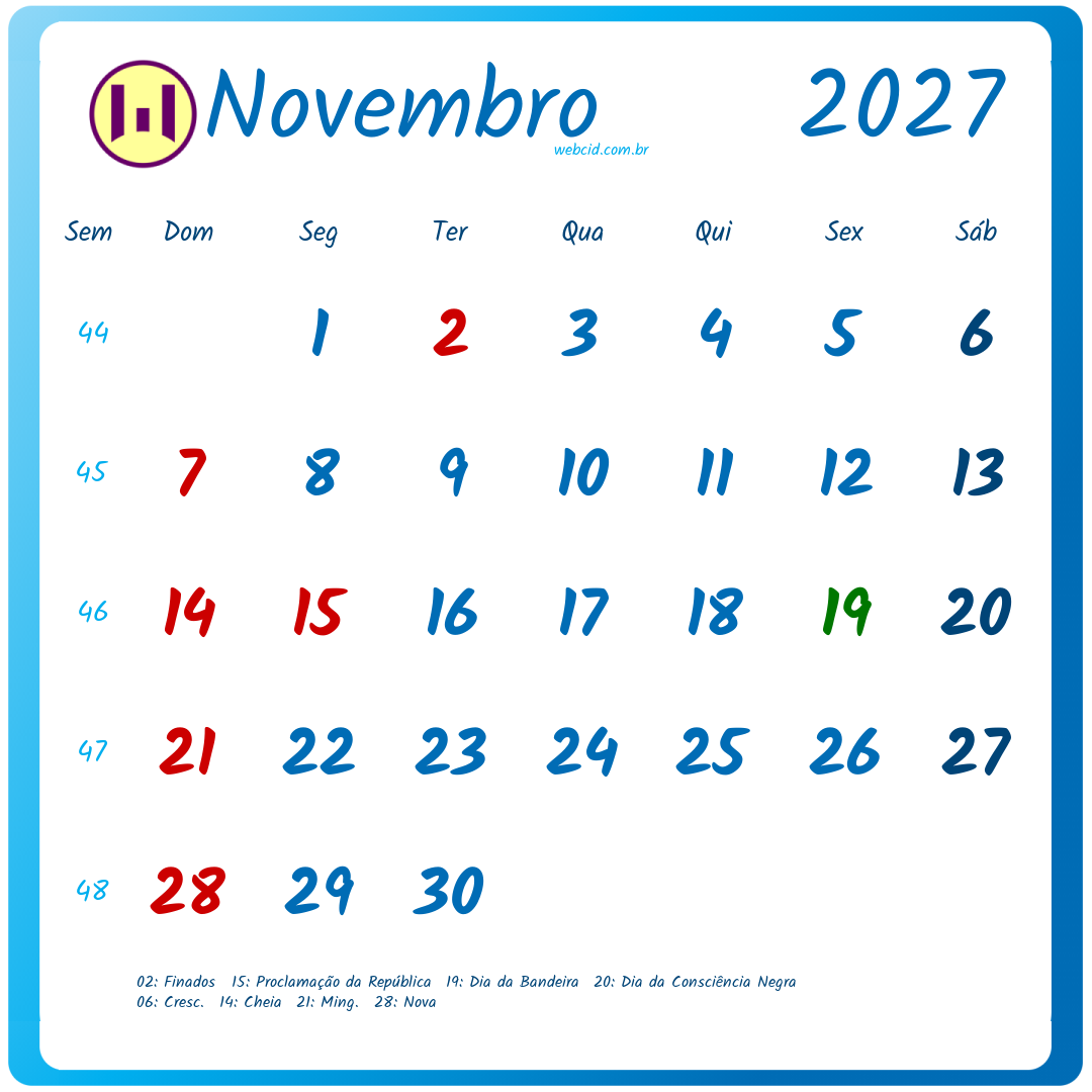 Calendário 2027 - Novembro - Brasil com feriados e fases da lua