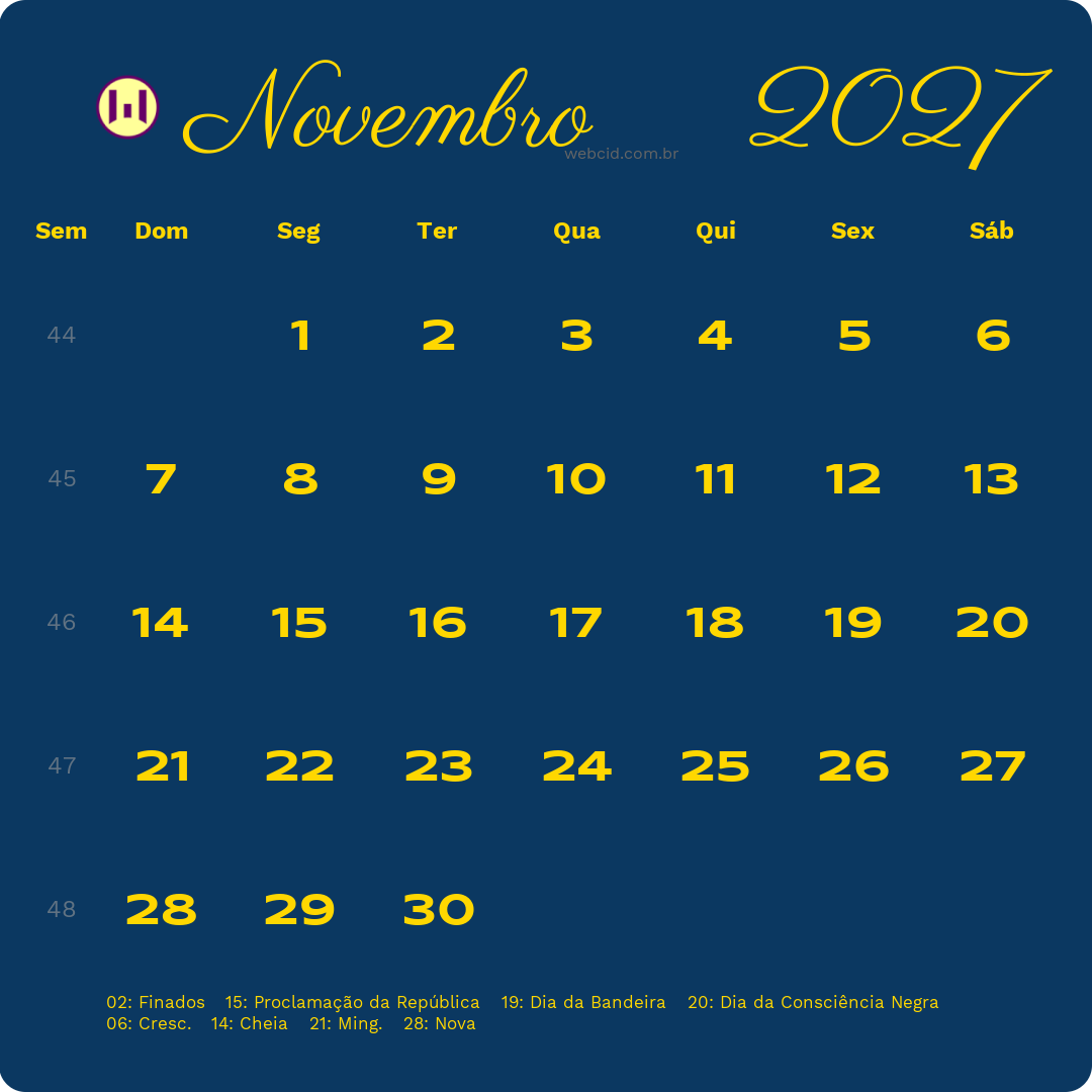 Calendário 2027 - Novembro - Brasil com feriados e fases da lua