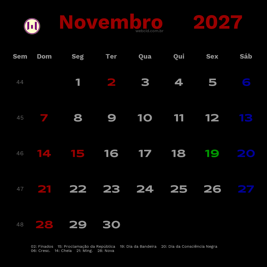 Calendário 2027 - Novembro - Brasil com feriados e fases da lua